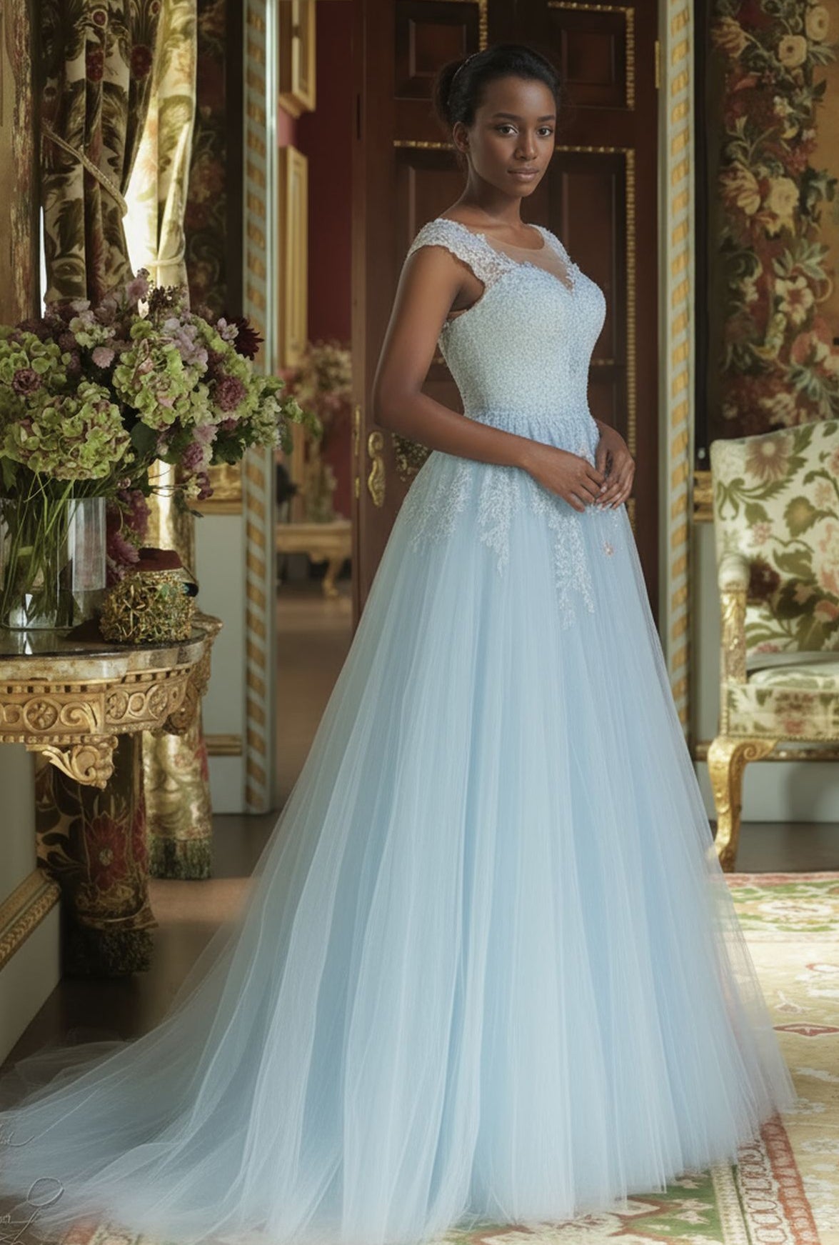 Marivelle A-line V-neck Light blue Wedding dress