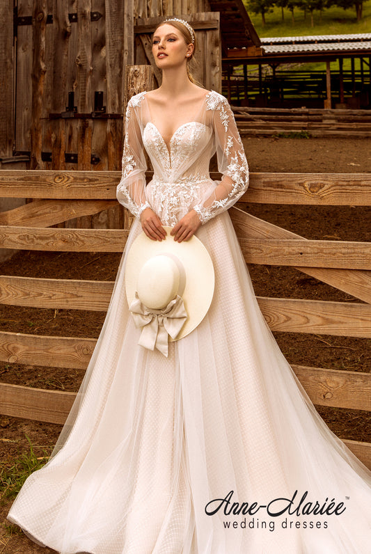 Elsy A-line Queen Anne Ivory Cappuccino Wedding dress