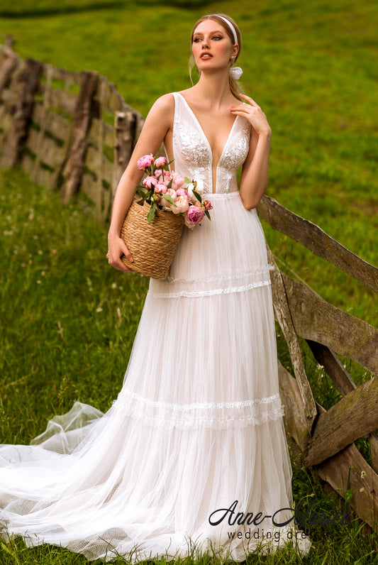 Mary A-line Deep V-neck Ivory Peach Wedding dress
