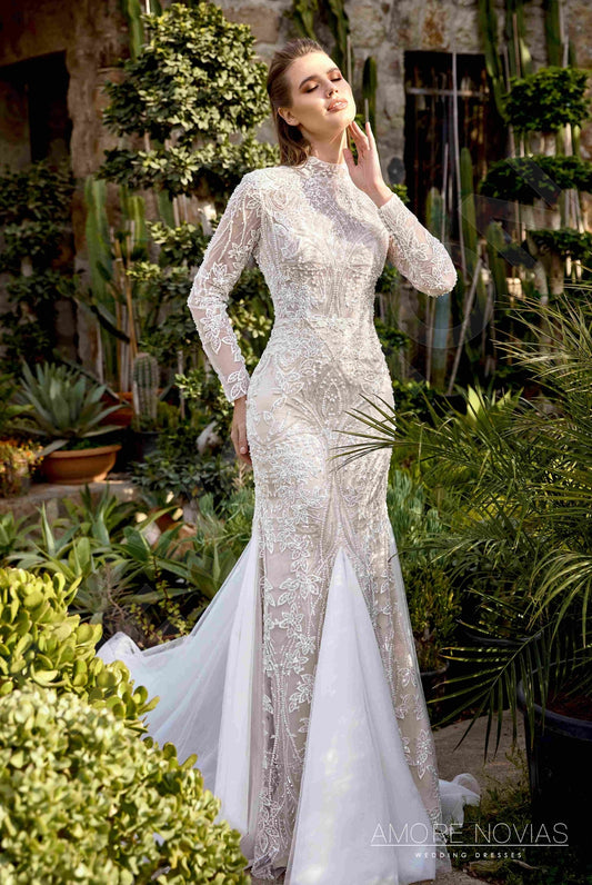 Lee Trumpet/Mermaid High neck Milk Nude Wedding dress