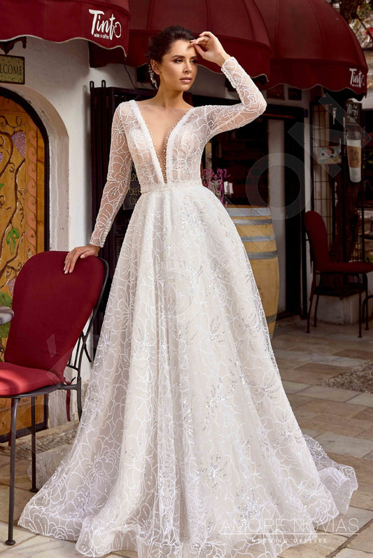 Joey A-line Deep V-neck Milk Blush Wedding dress