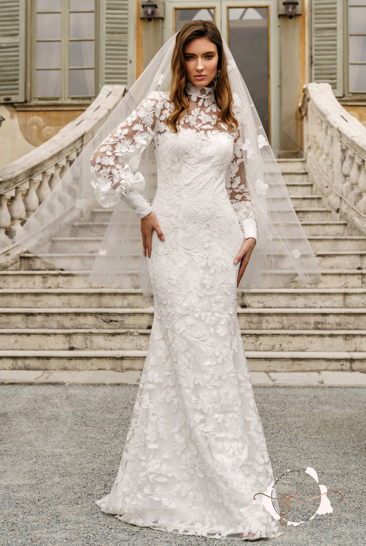 Aymora Trumpet/Mermaid High neck Milk Wedding dress