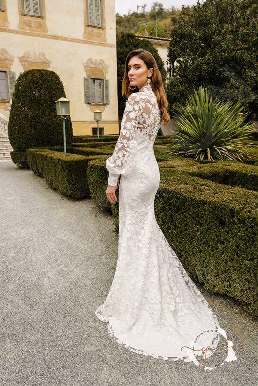 Aymora Trumpet/Mermaid High neck Milk Wedding dress