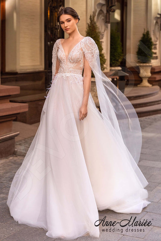 Noelly A-line Deep V-neck Milk Wedding dress