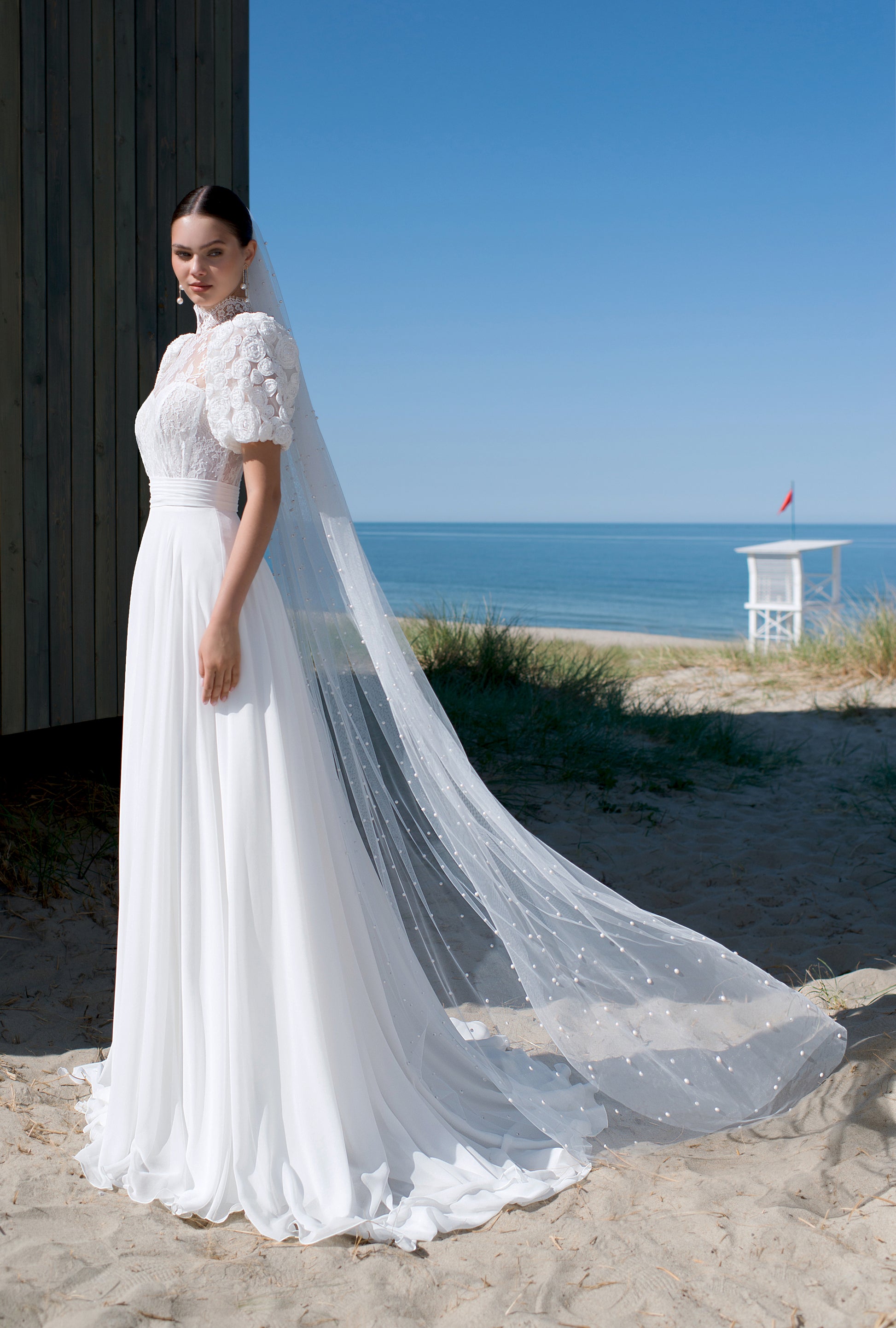Oleandra A-line High neck Off White Wedding dress