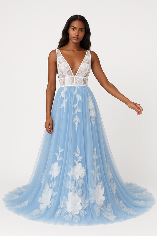 Serenith A-line Deep V-neck Light Blue Wedding dress