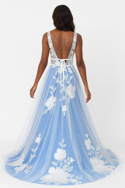 Serenith A-line Deep V-neck Light Blue Wedding dress
