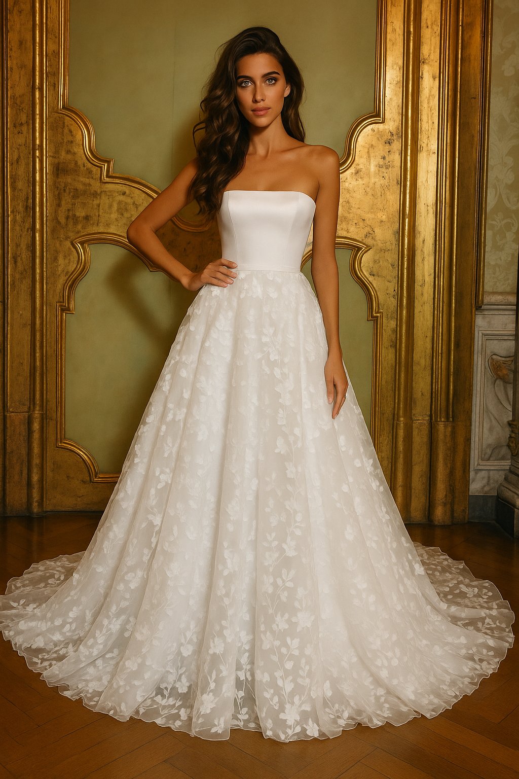 Katria A-line Straight across Milk Wedding dress