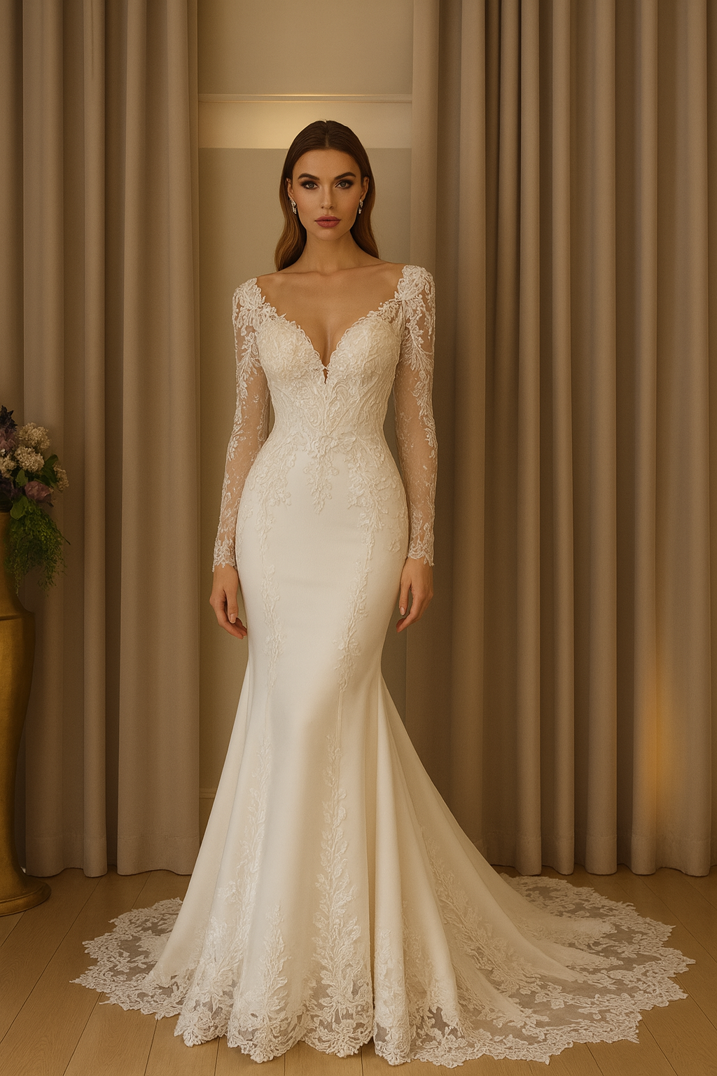 Orivienne Trumpet/Mermaid V-neck Milk Wedding dress