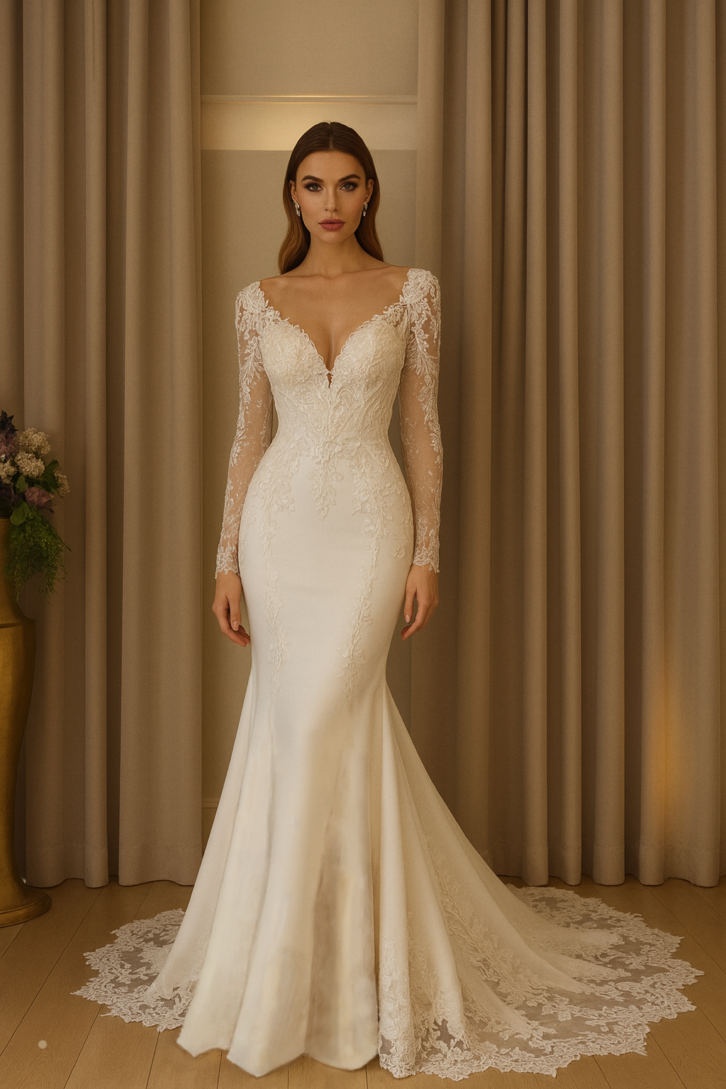 Orivienne Trumpet/Mermaid Deep V-neck Milk Wedding dress