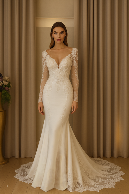 Orivienne Trumpet/Mermaid Deep V-neck Milk Wedding dress