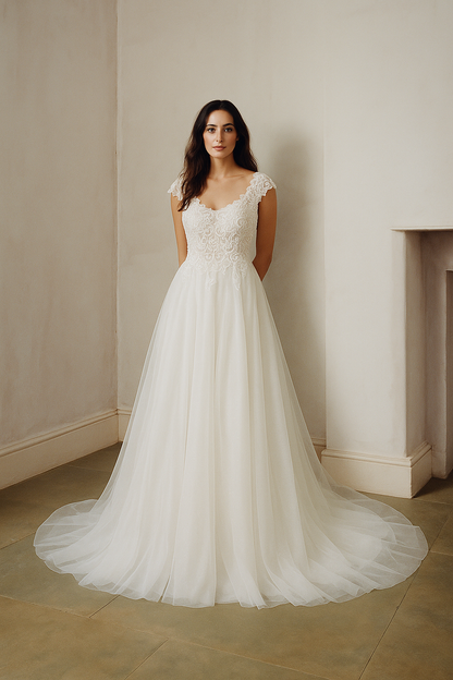 Lysandra A-line Boat/Bateau Milk Wedding dress