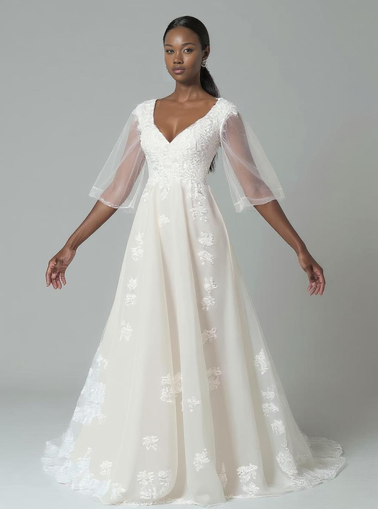 Amelia A-line V-neck Milk Wedding dress