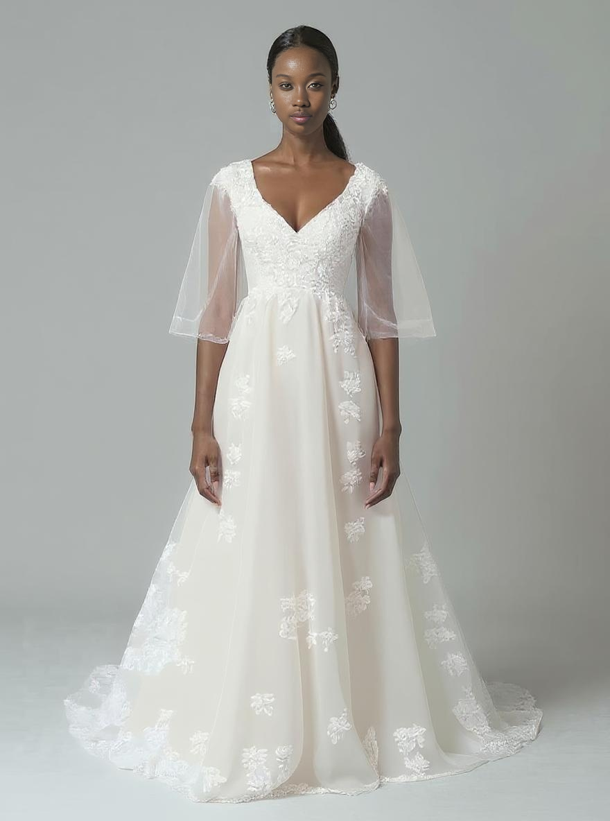 Amelia A-line V-neck Milk Wedding dress