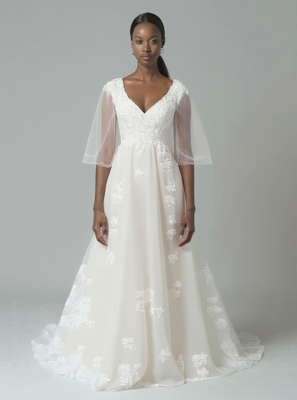 Amelia A-line V-neck Milk Wedding dress