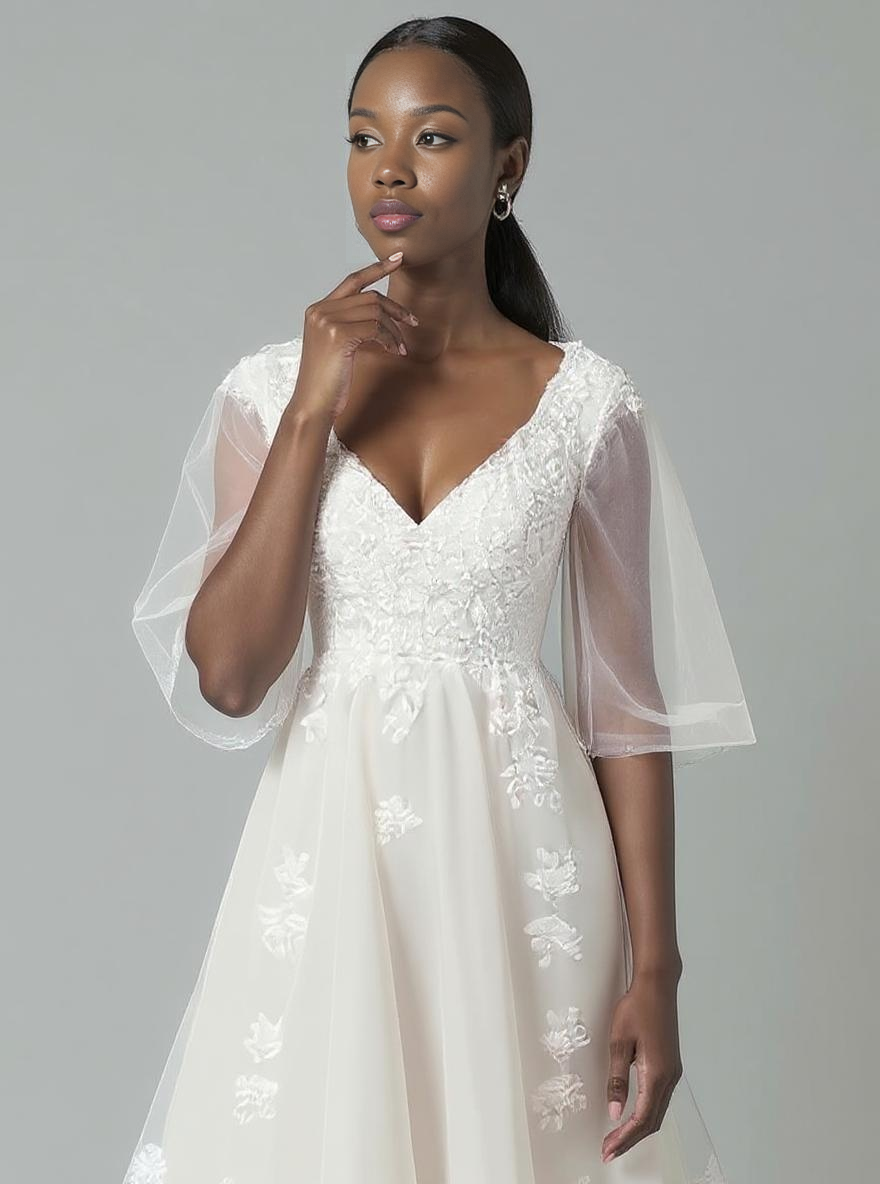 Amelia A-line V-neck Milk Wedding dress