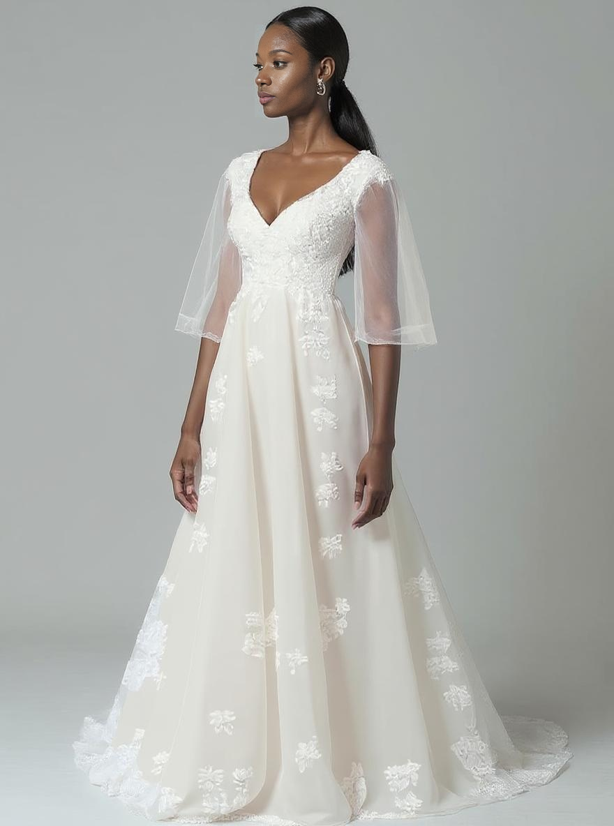 Amelia A-line V-neck Milk Wedding dress