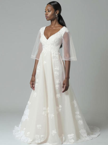 Amelia A-line V-neck Milk Wedding dress