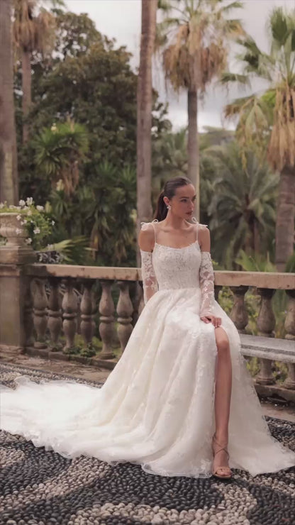 Aris A-line Straight across Ivory Wedding dress
