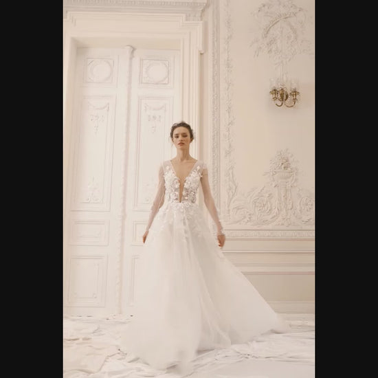 Mandys A-line Deep V-neck Ivory Nude Wedding dress