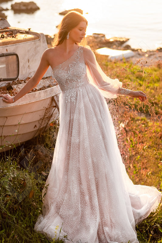 Joel A-line Asymmetric/One shoulder Nude Ivory Wedding dress