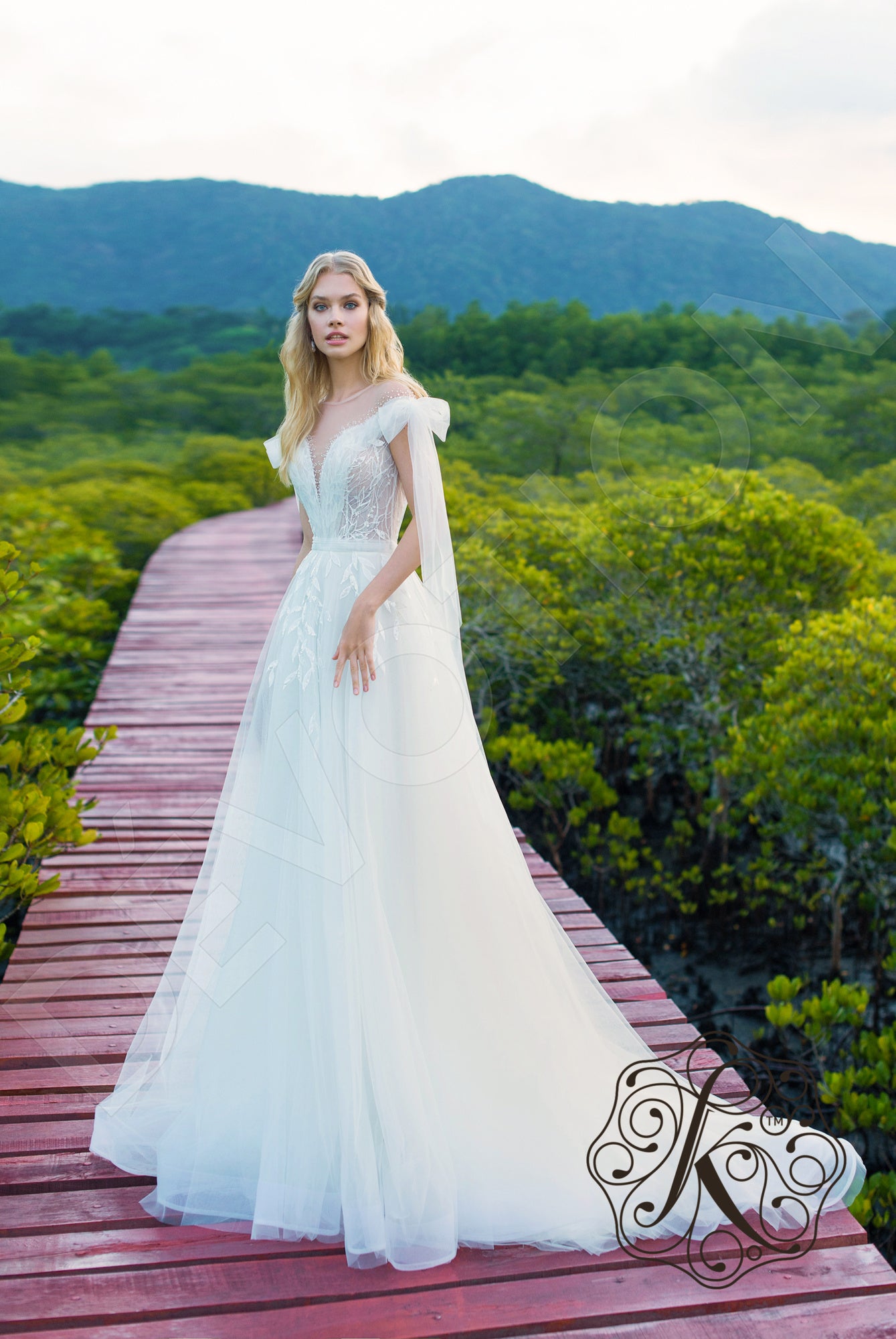 Elary Illusion back A-line Short/ Cap sleeve Wedding Dress 5