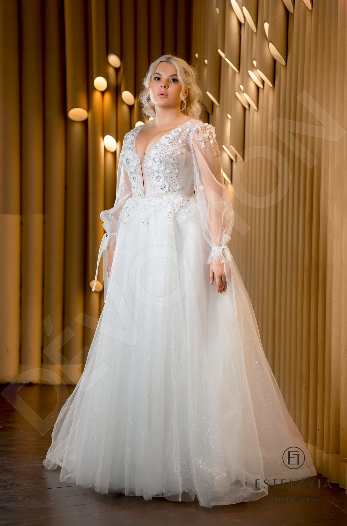 Adina A-line Deep V-neck Milk Cappuccino Wedding dress