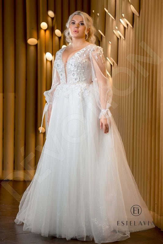Adina A-line Deep V-neck Milk Cappuccino Wedding dress