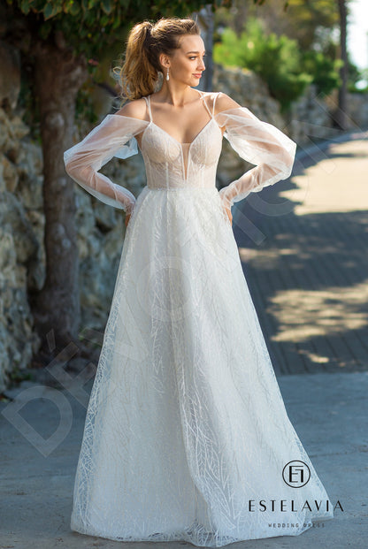 Magdina Open back A-line Detachable sleeves and straps Wedding Dress Front