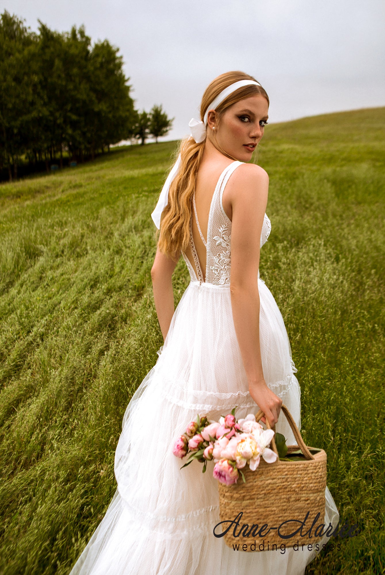 Mary A-line Deep V-neck Ivory Peach Wedding dress