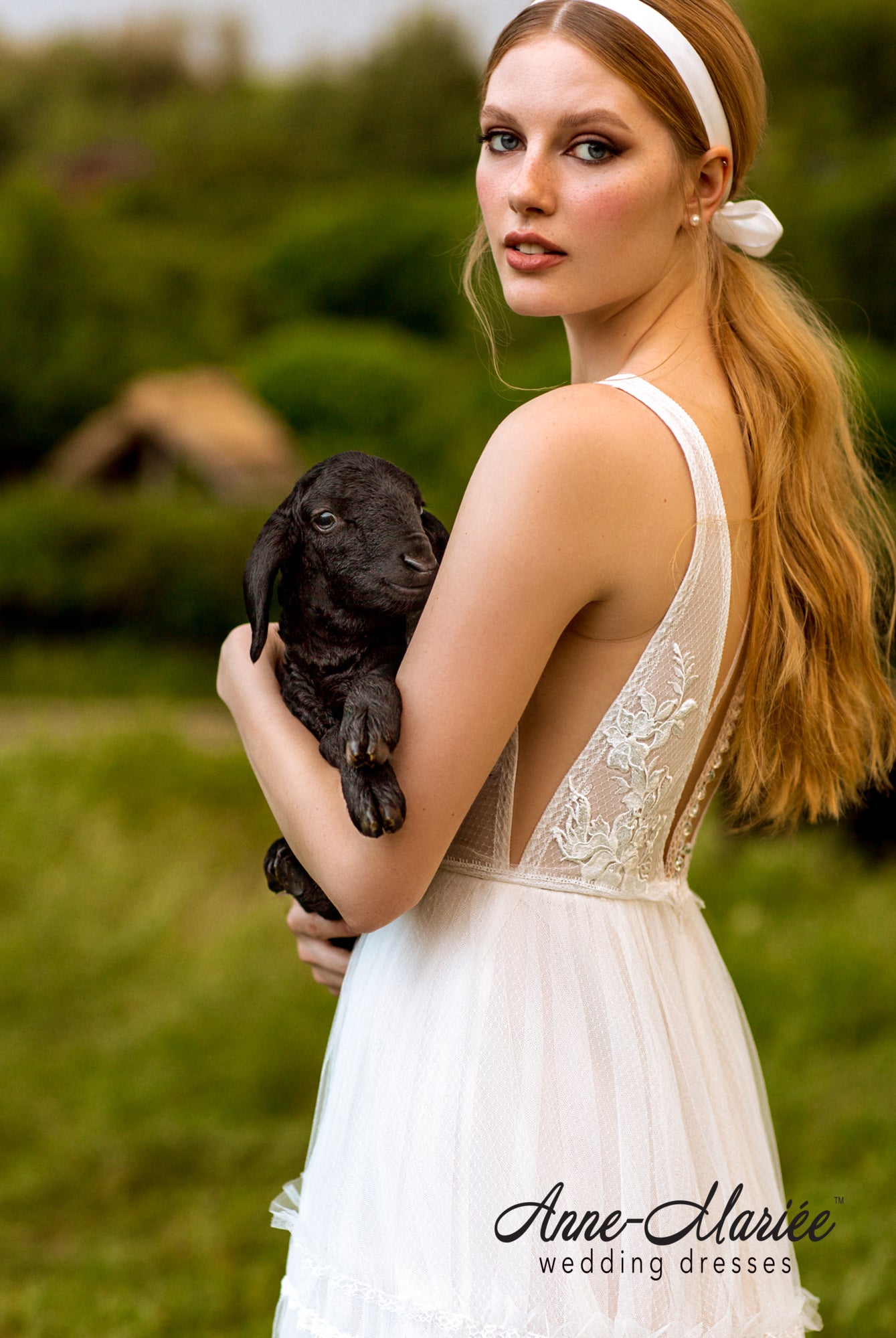 Mary A-line Deep V-neck Ivory Peach Wedding dress