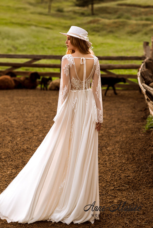 Stefanie A-line Deep V-neck Ivory Nude Wedding dress
