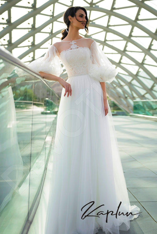 Enton A-line Boat/Bateau OffWhite Wedding dress