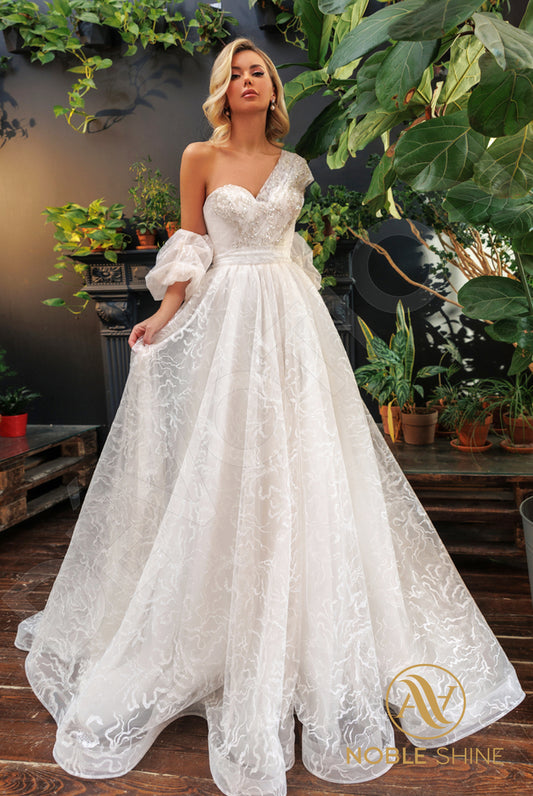 Mivin A-line Asymmetric/One shoulder Milk Silver Wedding dress