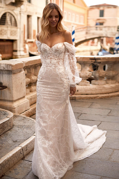 Shelis Trumpet/Mermaid Off-shoulder/Drop shoulders Ivory Nude Wedding dress 4