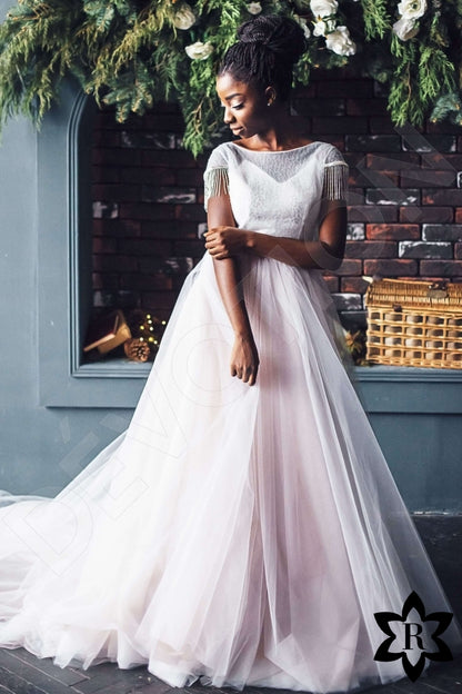 April Open back A-line Short/ Cap sleeve Wedding Dress Front