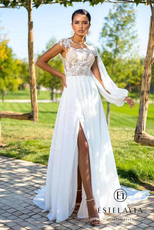 Saranna A-line Boat/Bateau Milk Wedding dress