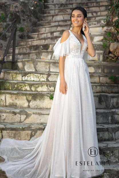 Blake Open back A-line Short/ Cap sleeve Wedding Dress Front